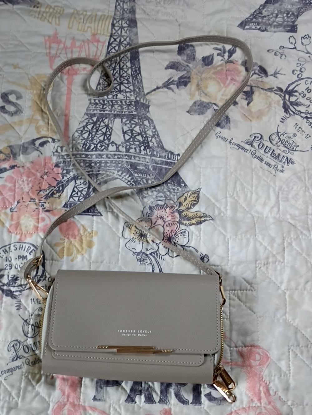 Light Gray Crossbody Bag with Gold Accents
